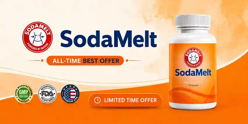 SodaMelt supplement bottle — 12-ingredient natural digestive capsule with psyllium husk cascara sagrada aloe vera and probiotic blend